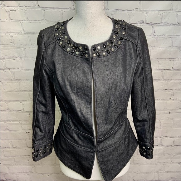 Lafayette 148 Black Denim Style Embellished Blazer 4 - Picture 1 of 9